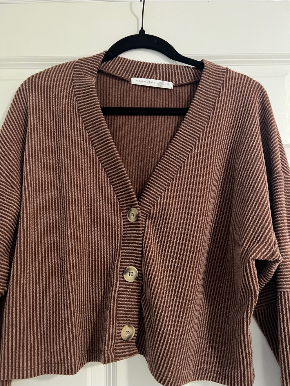 Altar'd State Cropped Ribbed Button-Front Cardigan — Brown - Picture 2 of 6